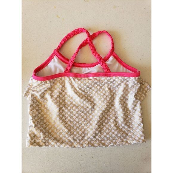 Girls Tankini Criss Cross Halter Ruffle Pink Gold Scallops Swim Top Large NWT - Picture 9 of 9